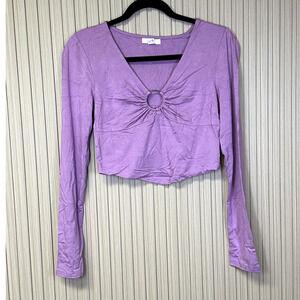BP. V-Neck Keyhole Long Sleeve Crop Top in Pink Gale Size L